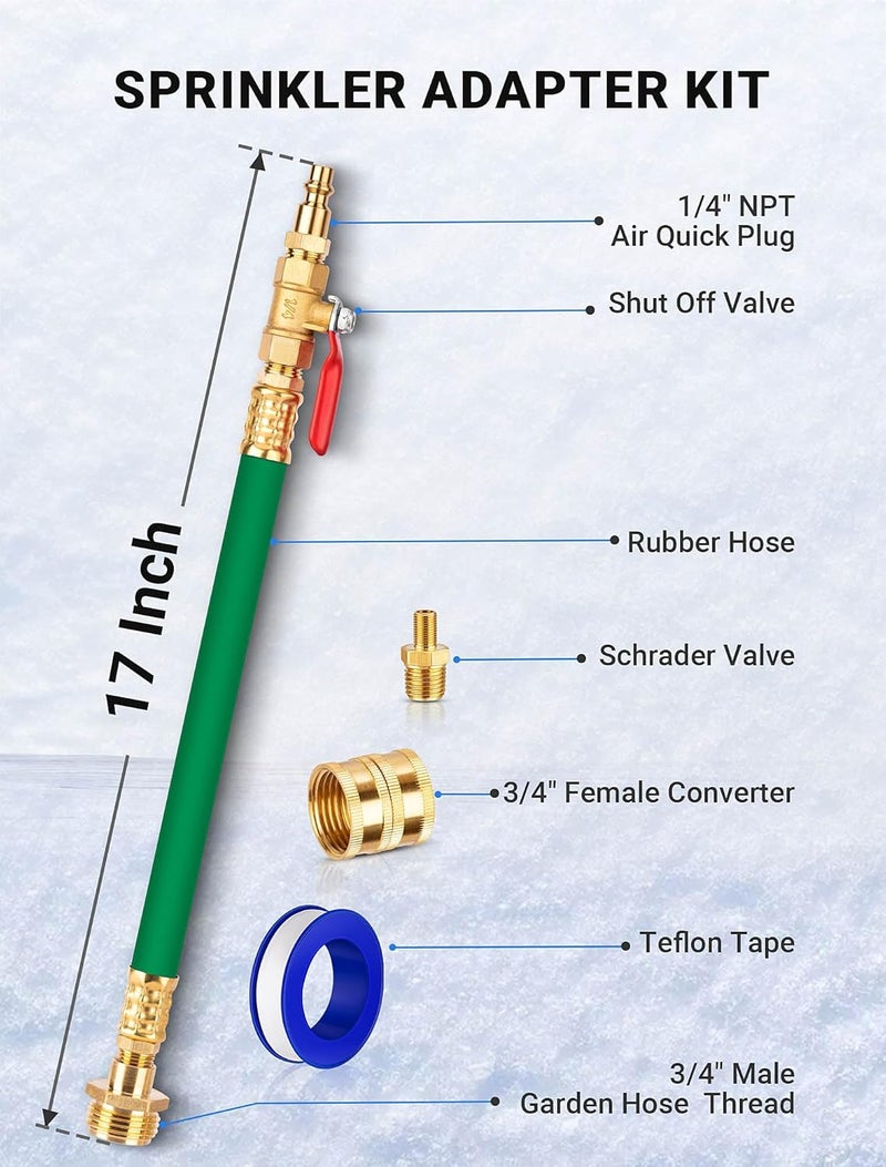 EVOULTES Brass RV Winterizing Kit with Schrader Valve Blow Out Plug, 17 Inch Garden Hose with 3/4" GHT Adaptor & 1/4" NPT Quick Connect Plug, Sprinkler Blowout Adapter for Camper, Travel Trailer - Image 2